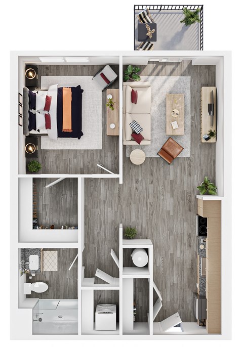 Floor plan for 1 bed, 1 bath, 726 sqft